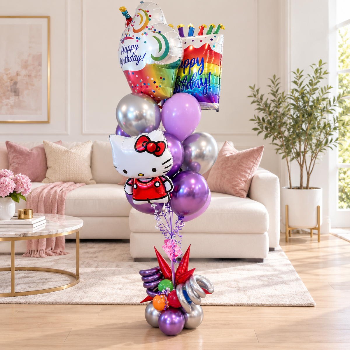 Hello Kitty Birthday Balloon Bouquet – Deluxe Rainbow & Purple Arrangement