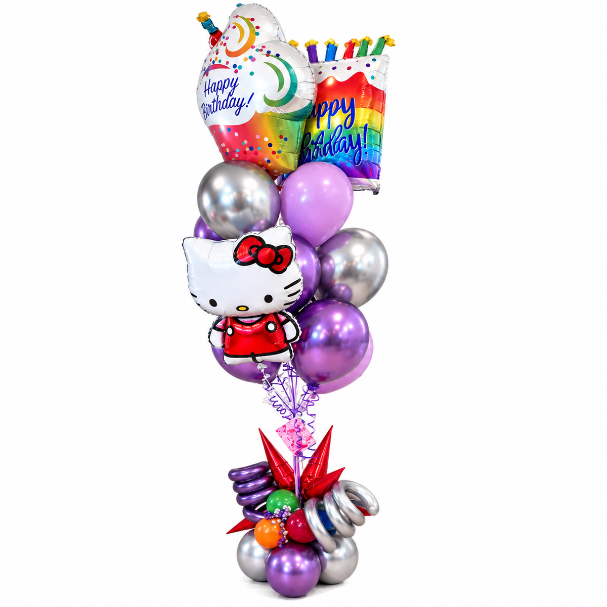 Hello Kitty Birthday Balloon Bouquet – Deluxe Rainbow & Purple Arrangement