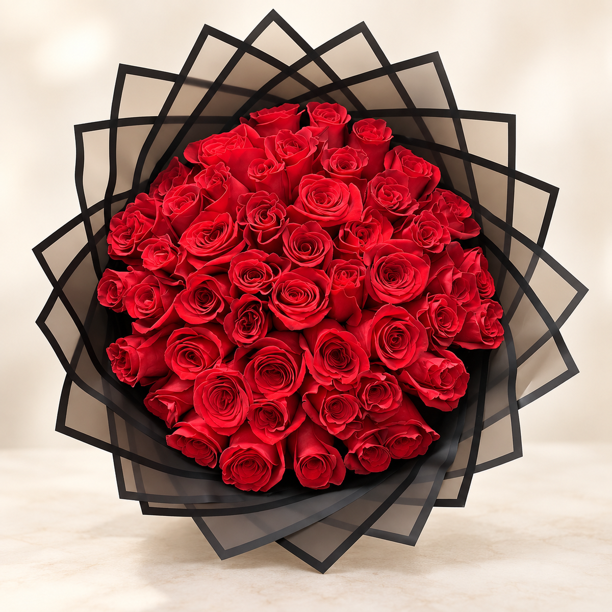 50 Red Rose Luxury Hand-Tied Bouquet (Black Transparent Wrapping)
